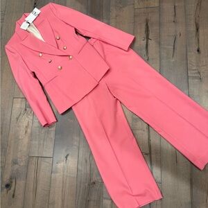 Zara Coral Pink Double-Breasted Wide-Leg Pantsuit